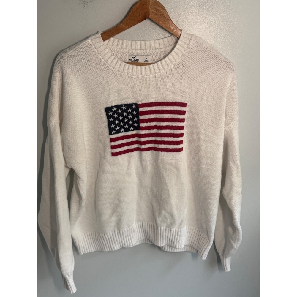 Hollister Womens American Flag Knit Sweater Cream White Crew Neck Pullover M